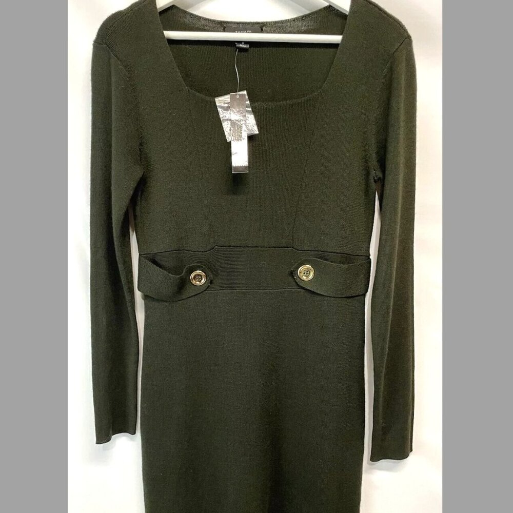 Tahari Sweater Dress Wool Blend Rich Olive Green Long Sleeve Gold Button NWT L